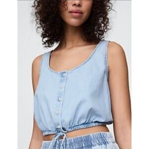 GAP Womens Light Wash Denim Button Front Crop Tank Top L